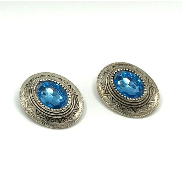 Vintage Blue Crystal Silver-Tone Clip-On Earrings - Picture 4 of 7